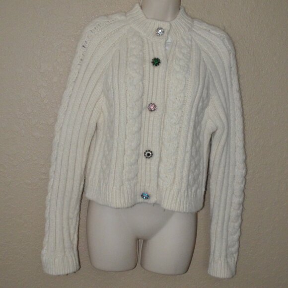 $450 Sz S Ganni Ivory Heavy Cable Knit Crystal Button Cardigan Sweater - Picture 1 of 8
